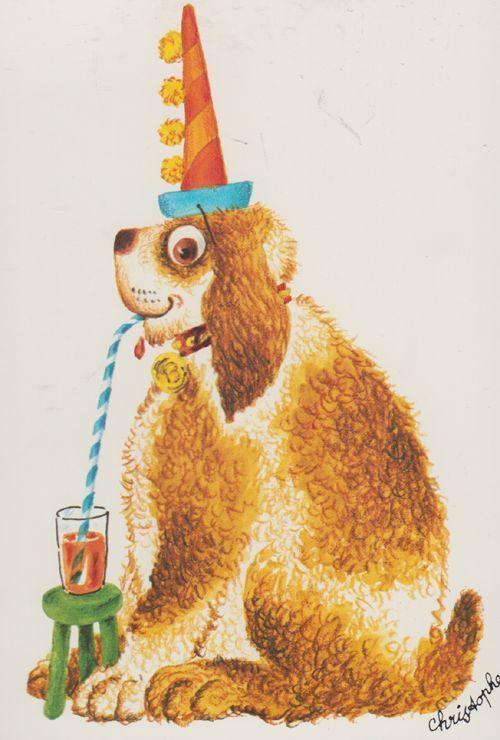 Dog Dogs Getting Drunk Clown Party Hat Collar French Cute Animal Comic Postcard