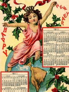 C.1911 Full Calendar New Year Cherub Globe Holly Christmas Postcard P109