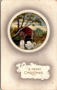VINTAGE POSTCARD SWANS IN A LAKE CHRISTMAS MAILED FROM WHEELING WEST VA 1911