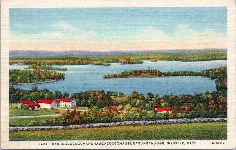 Lake Chargoggagoggmanch... Webster MA Unused Linen Postcard F1