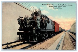1913 Electric Engine Hauling Trains Tunnel Cargo Detroit River Michigan Postcard