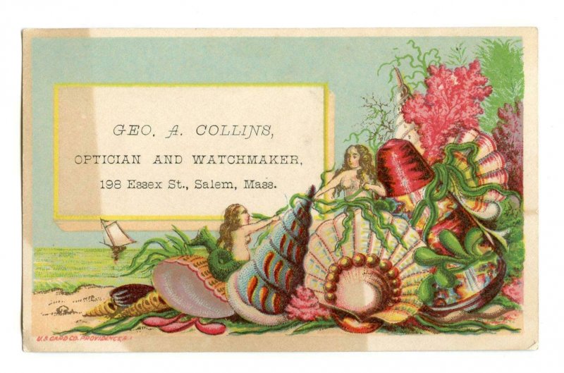 OPTICIAN &  WATCHMAKER*SALEM MASS*GEO COLLINS*MERMAIDS*SEA SHELLS*TRADE CARD