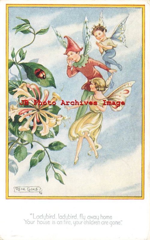 Rene Cloke, Valentine No 3538, Fairies with a Ladybird Beetle, Lady Bug