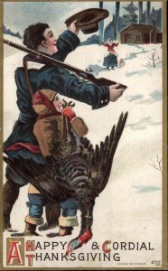 Thanksgiving Boy Pilgrim with Gun and Dead Turkey c1910 Vintage Postcard