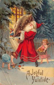 SANTA CLAUS CHERUBS TOY BAG CHRISTMAS HOLIDAY GEL COATED POSTCARD 1911