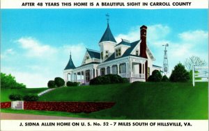 J Sidna Allen Home Hillsville VA Carroll County VTG Postcard UNP Gardner Unused 