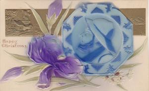 Christmas Embossed Plate With Sailor and Purple Flowers
