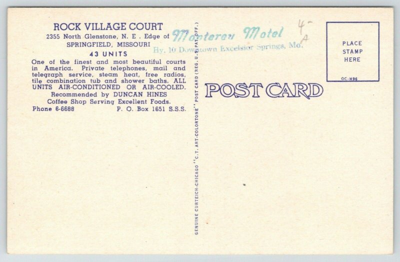 Springfield MO Rt 66~Art Deco Rock Village Crt Motel~Free Radios~Telegraph~1950