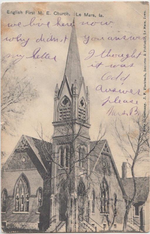 1907 LEMARS Iowa Ia Postcard ENGLISG FIRST ME CHURCH