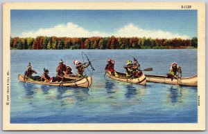 Vtg Native American Indians Canoe Hunt Bow & Arrow 1940s Linen Postcard