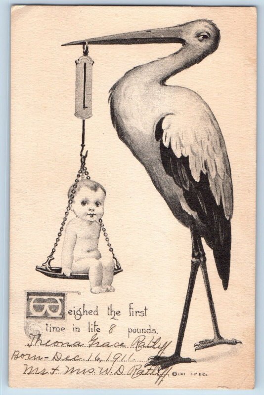 Norfolk Nebraska NE Postcard Stork Baby Weighed The First Time c1910's Antique