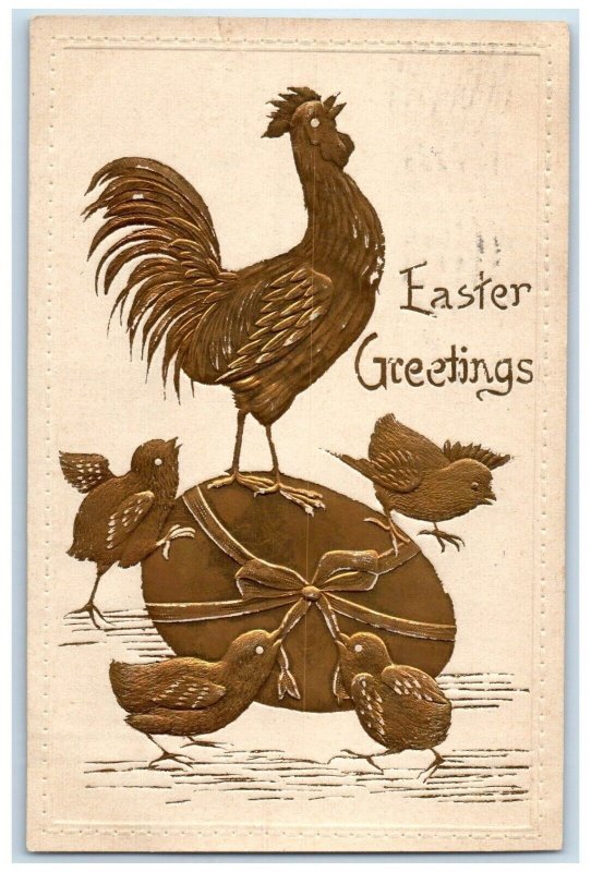 1909 Easter Greetings Rooster On Top Of Egg Baby Chicks Lawrence Kansas Postcard