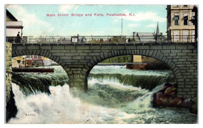 1910 Main Street Bridge and Falls, Pawtucket, RI Postcard