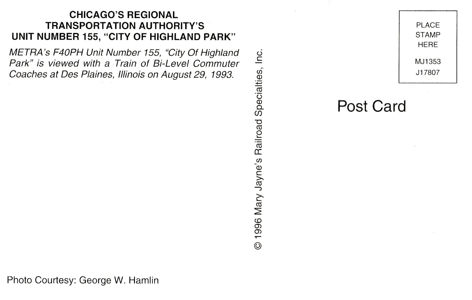 CITY OF HIGHLAND PARK Postcard 155 Chicago's Regional Transportation Topics