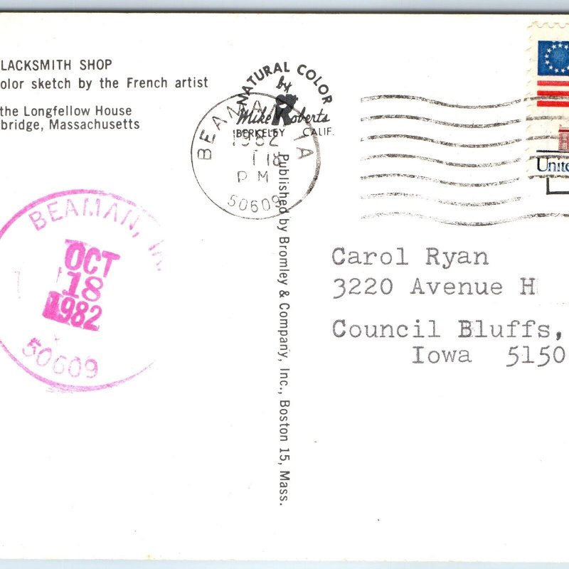 1982 Beaman, IA Purple USPO Post Office Cancel Postcard Town Postal History A267