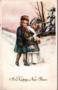 New Year Postcard Two Young Well Dressed Children Walking in the Snow