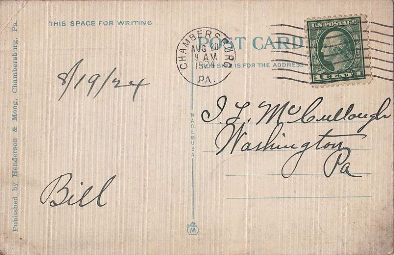 Postcard Hotel Washington Chambersburg PA 1924