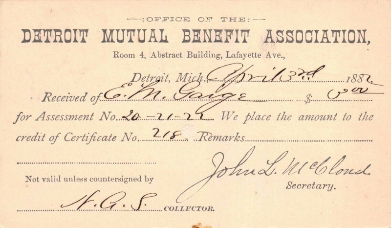 Postcard 1882 Detroit Mutual Benefit Association Detroit, Michigan~128030 