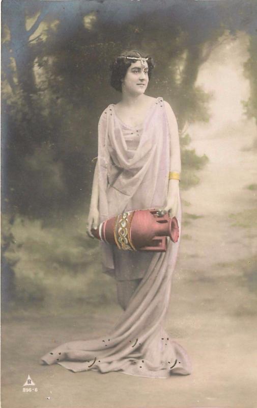 Handcolored Real Photo Postcard Of Woman In Classic Greek Costume Holding An Urn