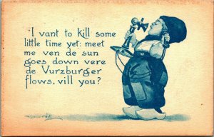 Dutch Comic Blue Boy on Telephone I Vant to Kill Some Little TIme 1912 Postcard