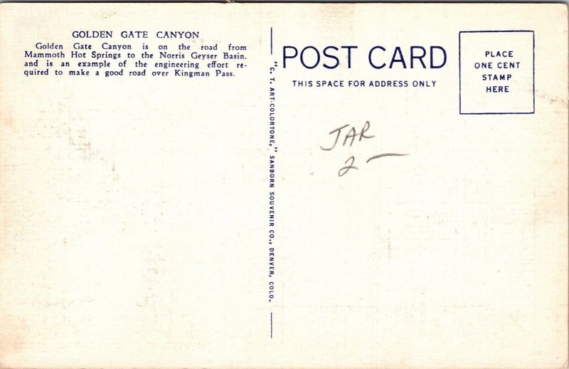 Golden Gate Canyon Yellowstone National Park Linen Postcard UNP VTG Curt Teich 