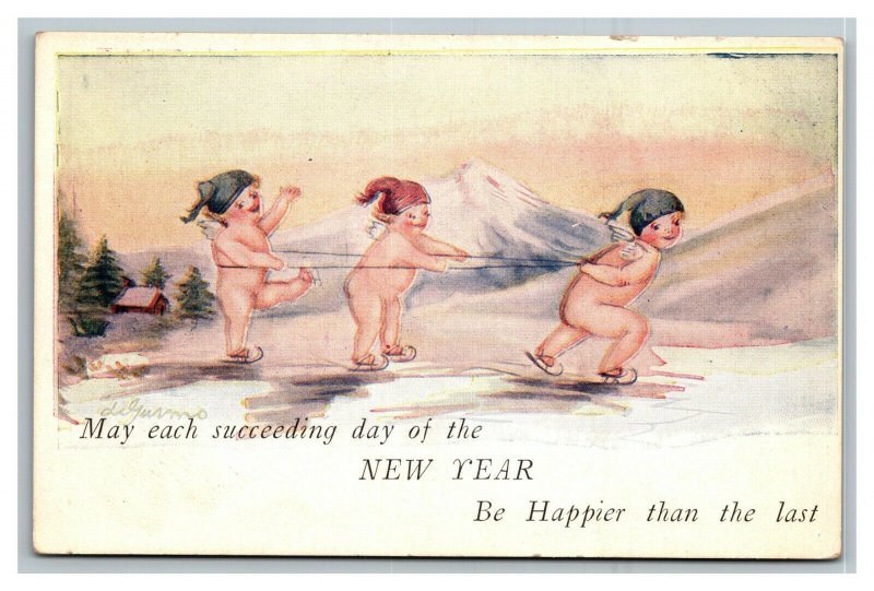 Vintage 1900's Christmas Postcard Cute Child Angels with Caps Ice Skating