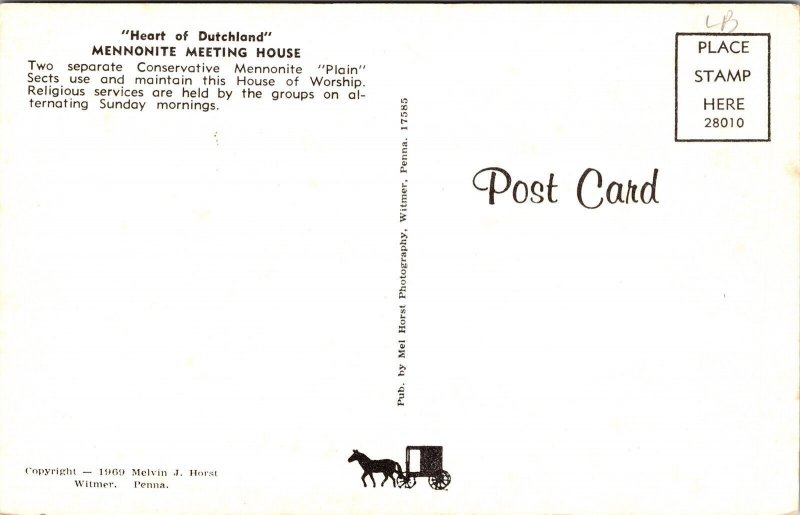 Heart Dutchland Mennonite Meeting House Horse Carriage Postcard VTG UNP Vintage 
