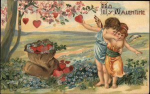 Valentine Fantasy Little Boy and Girl Cupids c1910 Vintage Postcard