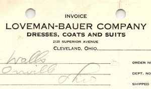 1939 LOVEMAN-BAUER CO. CLEVELAND OH DRESSES COATS SUITS BILLHEAD INVOICE Z1036