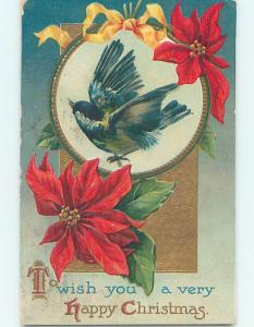 Pre-Linen christmas BEAUTIFUL DARK BIRD WITH POINSETTIA FLOWERS & RIBBON hr2835