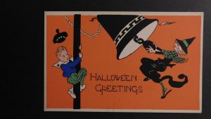 Mint USA Picture Postcard Halloween Witch Pulling Bell with Child Orange Back