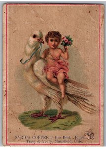 Victorian Trade Card Sarica Coffee Girl Cupid? Riding Large Bird Anthropomorphic