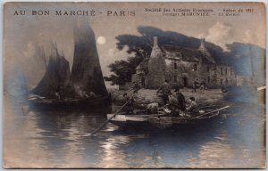 Au Bon Marche Paris France Men Boating at Moonlight Postcard
