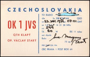 QSL Radio Card call sign OK1JVS from Czechoslovakia 1972