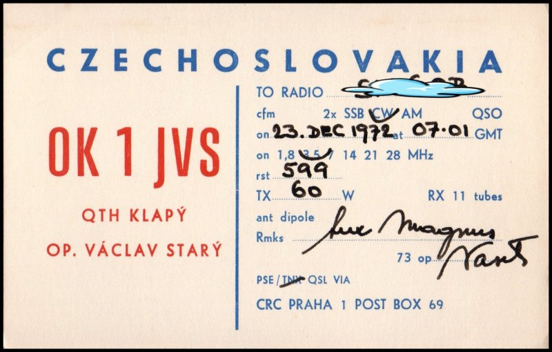 QSL Radio Card call sign OK1JVS from Czechoslovakia 1972