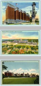 3 Postcards CHICAGO, IL ~ Stevens Hotel, Grant Park Band Shell, Museum 1940s