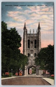 Columbia Missouri~State University~Memorial Tower~Clock~Gothic~Linen Postcard