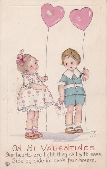 Valentine's Day Young Boy and Girl Holding Heart Sheped Balloons