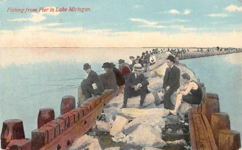 Fishing from Pier in Lake Michigan c1910s Vintage Postcard