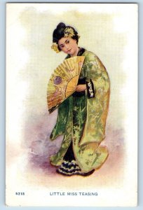 Japanese Girl Postcard Little Miss Teasing Fan Art Kimono c1910's Antique