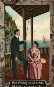 Vintage Postcard 1910's Think of Me Long, Think of Me Ever Man & Woman in Love