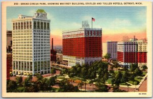 VINTAGE POSTCARD GRAND CIRCUS PARK STATLER AND TULLER HOTELS AT DETROIT MICH