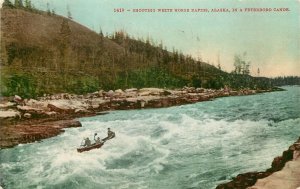 Mitchell Postcard 1419; Shooting White Horse Rapids in Canoe AK Yukon River