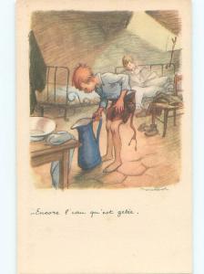 foreign Old Postcard signed FRENCH BOY WITH LARGE WATER PITCHER AC2811