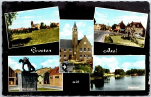 VINTAGE POSTCARD: AXEL COUNTY OF ZEELAND MULTI-PANAORMAIC VIEWS WITH NICE STAMP