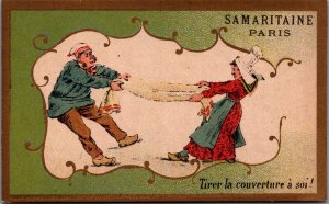 Victorian Trade Card Samaritaine Paris Tirer la Couverture à soi! L1