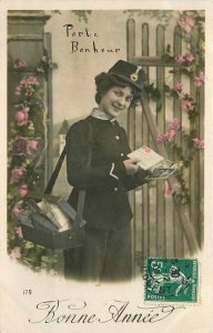 C-1910 Happy New Year woman mail carriers post RPPC Photo Postcard 20-13869