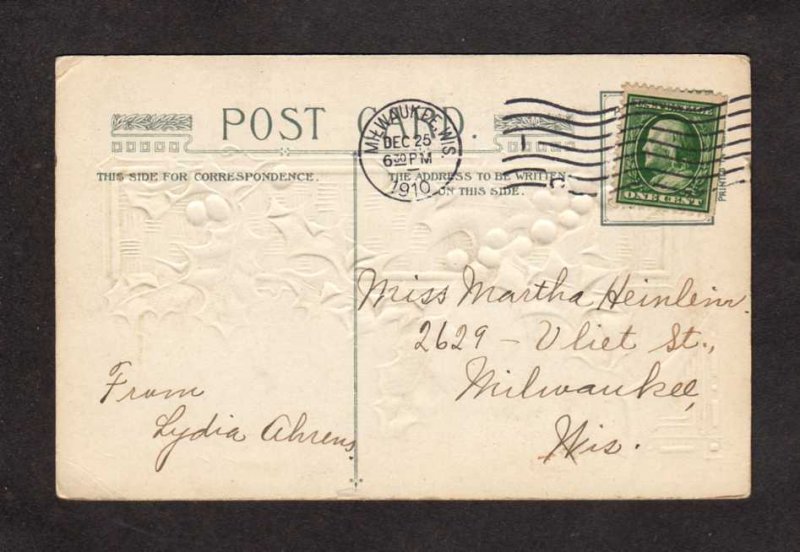 Christmas Greetings Holly Berries Postcard Embossed 1910 US PC