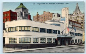 CINCINNATI, Ohio OH ~ Art Deco GREYHOUND BUS TERMINAL Depot 1945 Linen Postcard