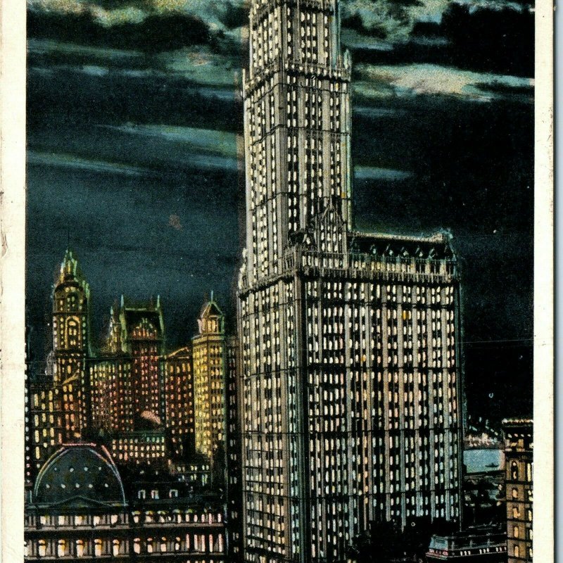 c1910s New York City @ Night Woolworth Building Litho Photo Postcard NYC A34